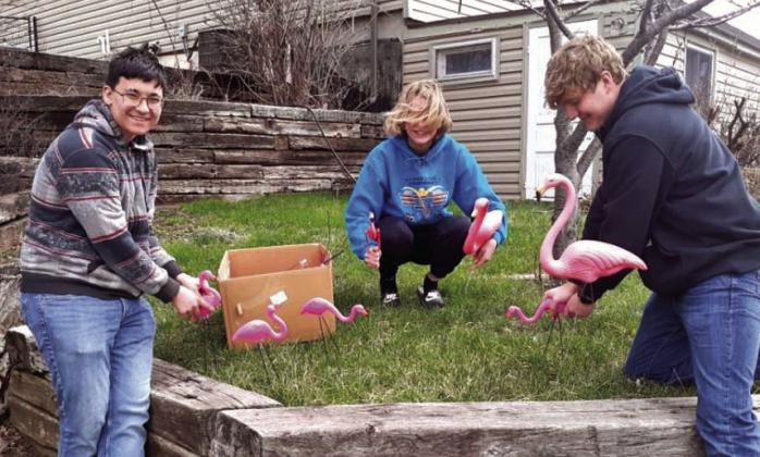 Wesleyan Youth Group members Kallen Kutz and Teagan Erskin (front) and Southern Hills E-Free youth group member Emma Niles(back) prepare for flamingo yard games. Courtesy photo