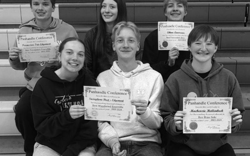 Edgemont Students recently attended the Panhandle Music Contest in Morrill, Nebraska. Pictured from the top row, from left to right, is JJ Ostenson, Neveah Zimiga, Ethan Laurence, Katelyn Laurisen, Markus Aschwanden, and Mackenzie Hollenback all of whom received awards for outstanding performances.