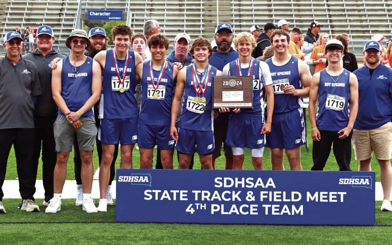 Members of the Hot Springs Bison boys track team pose with their 4th place state plaque following this past weekend’s meet in Sioux Falls. Athletes pictured from left include Kayden Hansen, Luke Haertel, Hunter Kunz, Braden Peterson, Matt Close, Caleb Rickenbach and Lakoda Keller. Photos by Brett Nachtigall/Fall River County Herald-Star