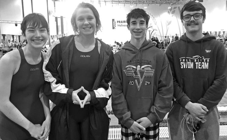 Four of the seven Fall River Swim Team’s state qualifiers pose for a recent photo. From left are Taya Ritterbush, Emma Niles, Taylen DeBoer and Brendan Nelson. Submitted photo