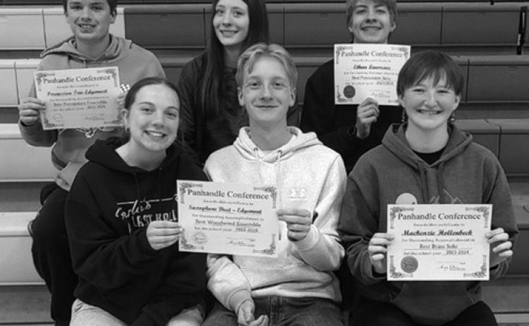 Edgemont Students recently attended the Panhandle Music Contest in Morrill, Nebraska. Pictured from the top row, from left to right, is JJ Ostenson, Neveah Zimiga, Ethan Laurence, Katelyn Laurisen, Markus Aschwanden, and Mackenzie Hollenback all of whom received awards for outstanding performances.