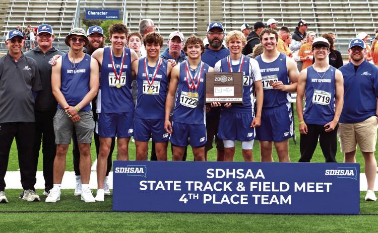Members of the Hot Springs Bison boys track team pose with their 4th place state plaque following this past weekend’s meet in Sioux Falls. Athletes pictured from left include Kayden Hansen, Luke Haertel, Hunter Kunz, Braden Peterson, Matt Close, Caleb Rickenbach and Lakoda Keller. Photos by Brett Nachtigall/Fall River County Herald-Star