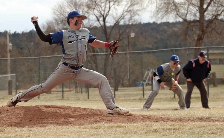 Hot Springs’ Kyle Fisher gets set to hurl a pitch to home plate on opening day of the Hot Springs Bison baseball season at Butler Park last Friday, March 29. Photos by Brett Nachtigall/Fall River County Herald-Star